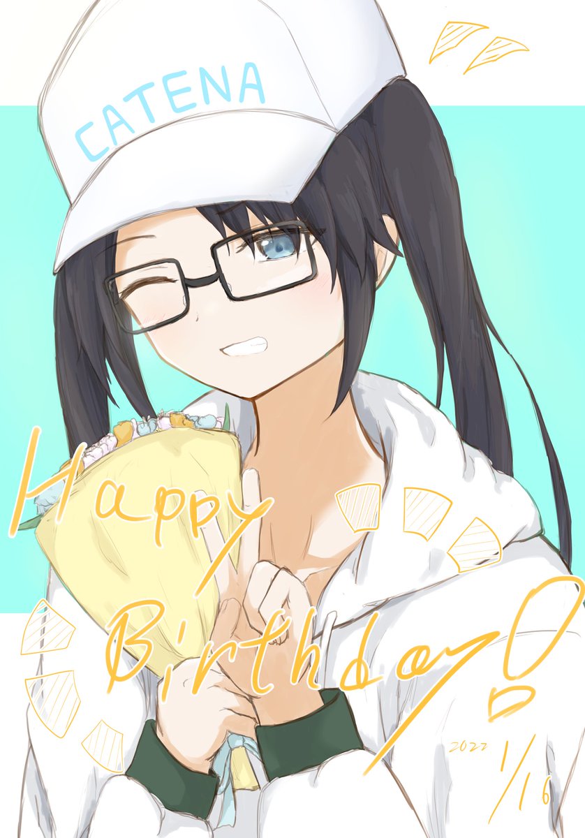 1girl one eye closed solo glasses black hair hat white hoodie  illustration images
