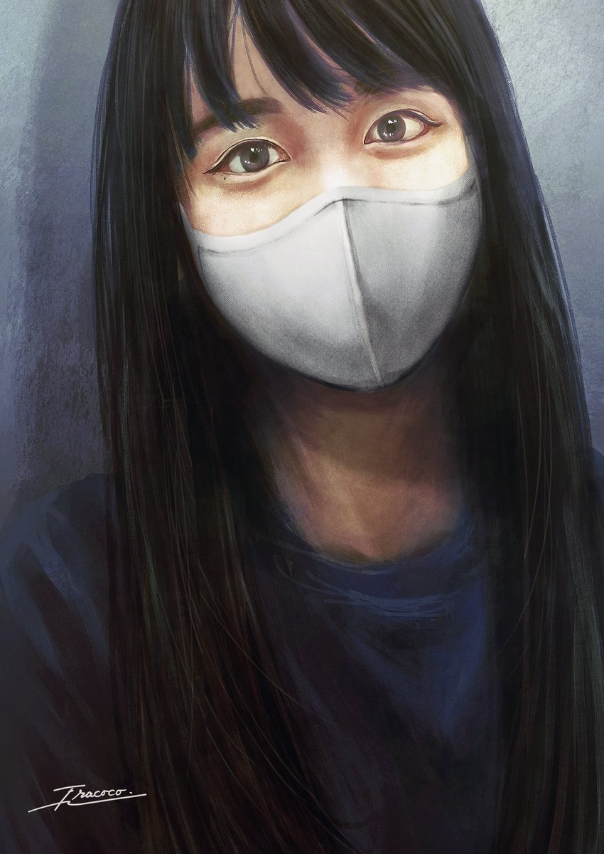 solo 1girl mask black hair long hair mouth mask looking at viewer  illustration images