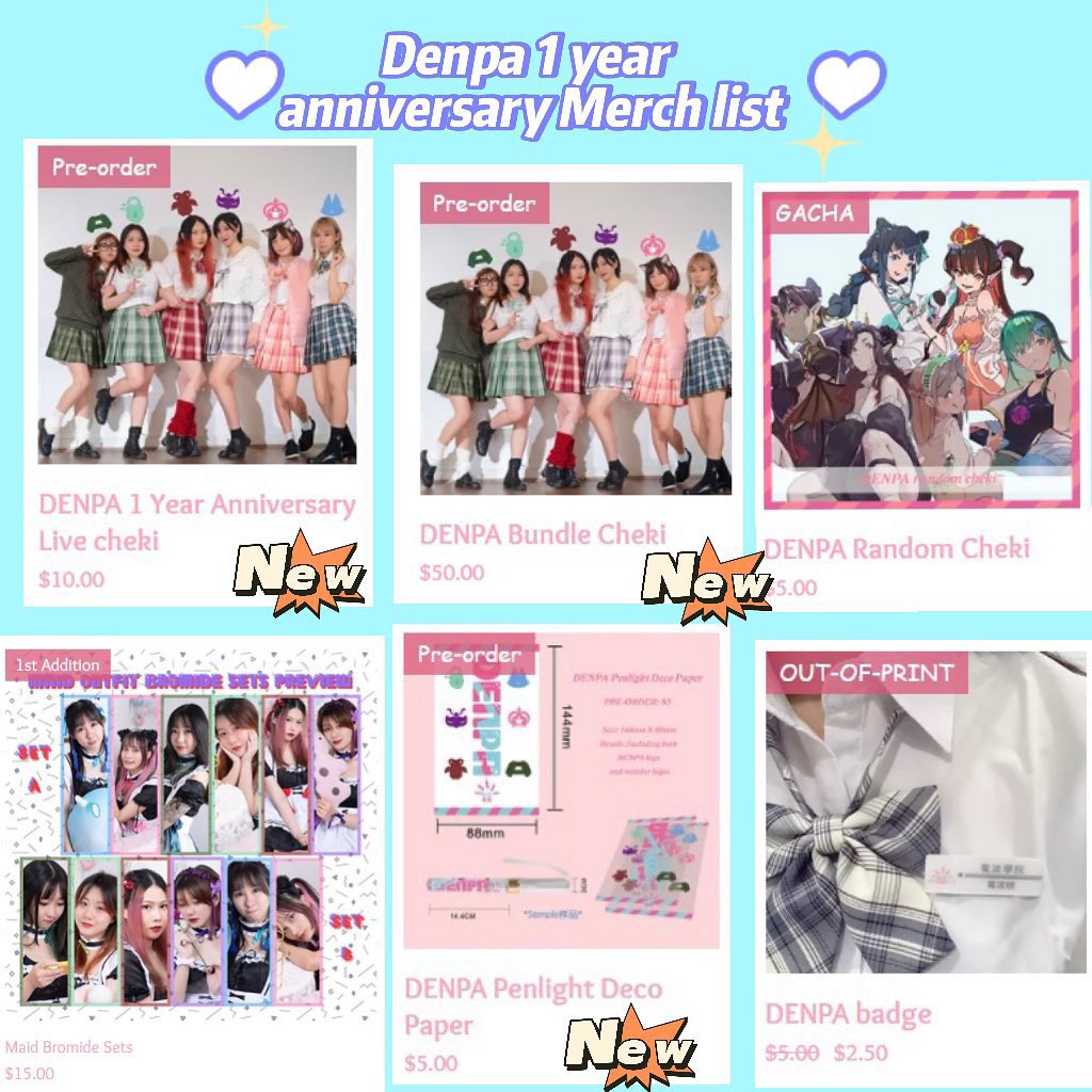 DenpaOfficial's tweet photo. It’s only one week until our 1 year anniversary live! Here are our Denpa merch list, you can order them anytime at https://t.co/iHi1XGK45B before or during the live! See you next Sunday at 2pm on our Twitch stream Channel! #denpa #idol #idolgroups #idollive #stream https://t.co/IXJ6ZDJQ3y