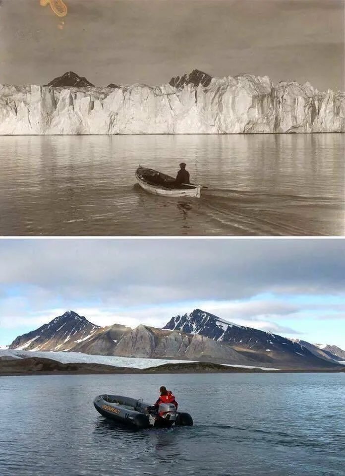 Hundert Jahre liegen zwischen diesen beiden Fotos aufgenommen in Svalbard in der Arktis. (Quelle: Christian Åslund, @Greenpeace)