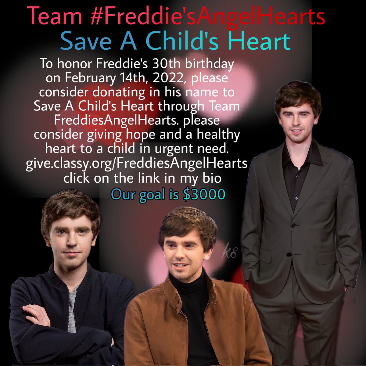 mskitkat2u's tweet photo. I have started a team fundraiser for Freddie's 30th Birthday through Save A Child's Heart.  All donations made to #TeamFreddiesAngelHearts will be  in Freddie's name. The link's here and my bio on Instagram  💖💙#FreddieHighmore @freddiehighmore @SaveChildsHeart https://t.co/ZK94agY2jl