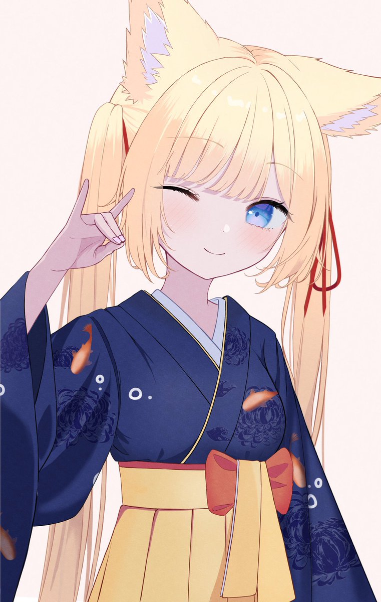 1girl japanese clothes blonde hair one eye closed animal ears solo blue eyes  illustration images