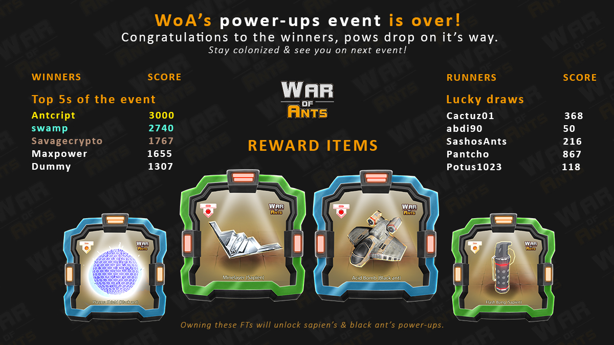 ants_war's tweet photo. 🔴Power-ups event is over!
Now it's time for the new pow's reaction 🔥
#Blockchaingaming #poweredbyenjin #tokenevent #NFTGaming https://t.co/oGAXY2CT0r