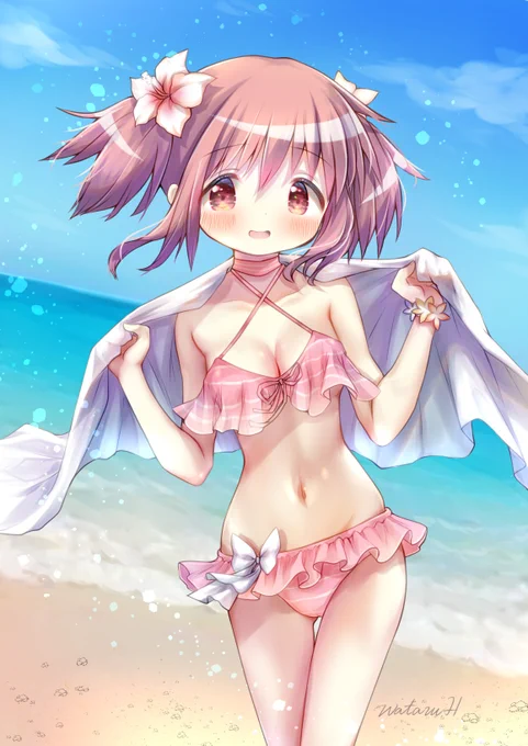 冬なので水着描きました。
「いろはちゃんの水着を借りたんだけど…似合うかな」 