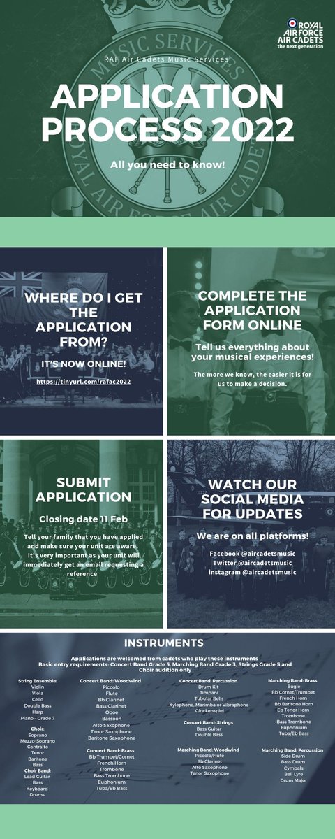 RAF Air Cadets Music (@aircadetsmusic) on Twitter photo 2022 Application process is now OPEN.
So If you want to be part of the Concert Band, Marching Band, Choir or String Ensemble, APPLY NOW!
Click this link and follow the process tinyurl.com/rafac2022 <a href="/ComdtAC/">Commandant RAF Air Cadets</a> <a href="/aircadets/">RAF Air Cadets</a> 2022 Application process is now OPEN.
So If you want to be part of the Concert Band, Marching Band, Choir or String Ensemble, APPLY NOW!
Click this link and follow the process tinyurl.com/rafac2022 <a href="/ComdtAC/">Commandant RAF Air Cadets</a> <a href="/aircadets/">RAF Air Cadets</a>
