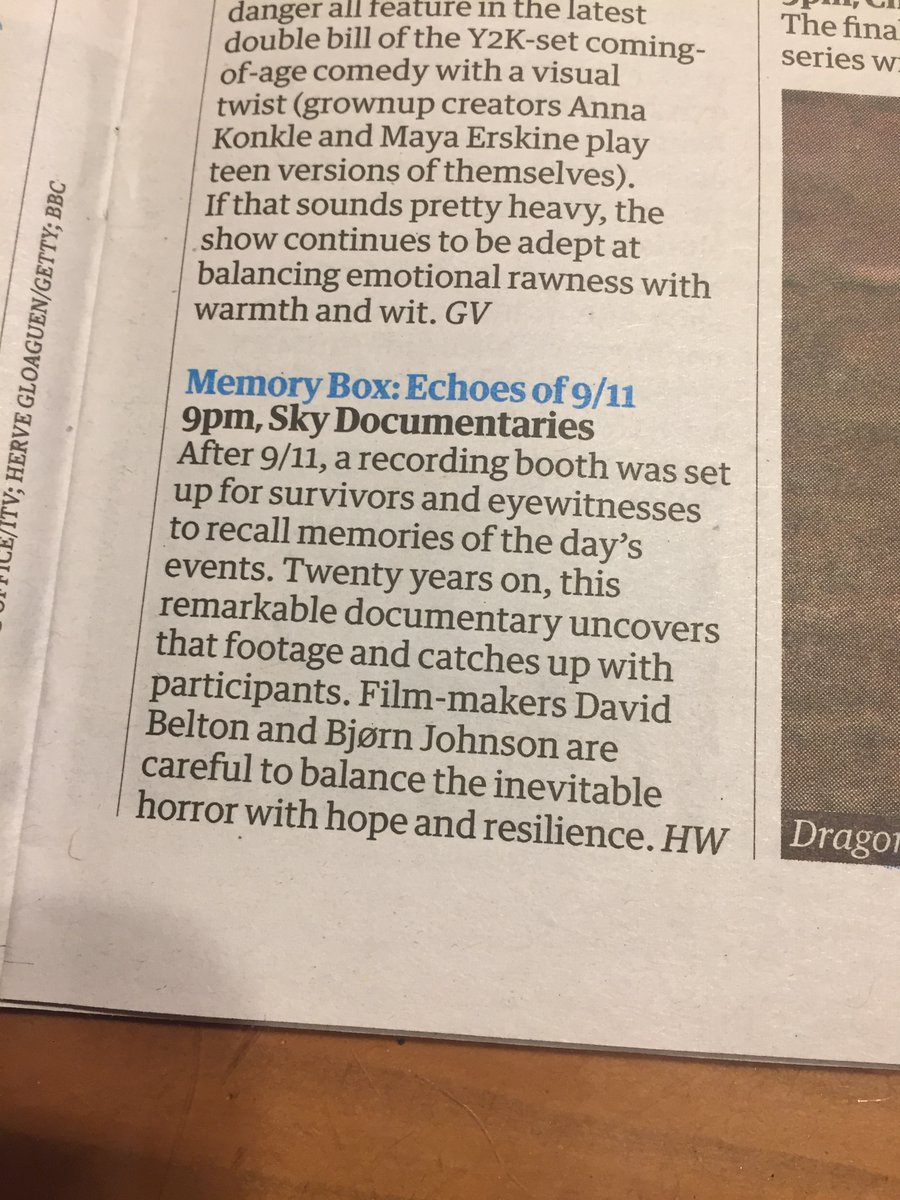 BjornyJ's tweet photo. Proud moment. Viewer's choice in both @thetimes and @guardian this weekend! Check out our documentary @memoryboxsept11 this Tuesday, Sky Docs at 9pm. @skytv #hope #resilience #baftatv https://t.co/0bvyT8V4qA