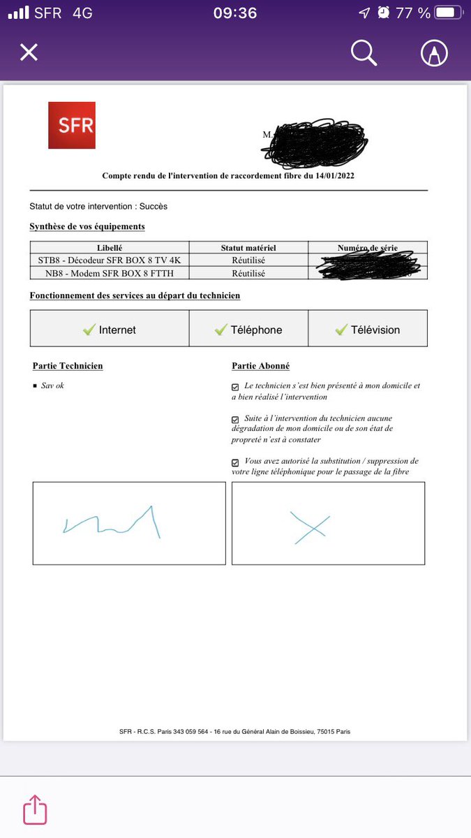 NichoTLS's tweet photo. @SFR 

Est-ce normal de la part de vos techniciens de faire des compte rendu d’intervention en signant à la place de l’abonné (en faisant une croix) pour dire que la panne est résolue ?? 
6e intervention depuis le 7 décembre et toujours pas internet. Que faisons nous ? @SFR_SAV https://t.co/N4cdLC7OgC