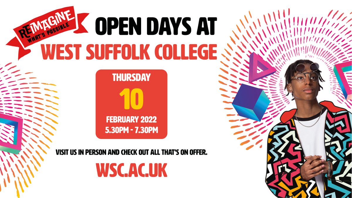 WestSuffolk's tweet image. Come along to our Open Event on Thursday 10 February from 5.30pm to 7.30pm (postcode: IP33 3TT). Discover more about T Levels, apprenticeships, full time diplomas and meet your future tutors. 

Register here:
wsc.ac.uk/openevents

#WestSuffolkCollege #DiscoverWSC #DiscoverYOU