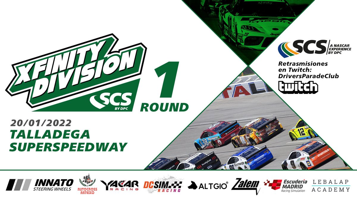 🏆STOCK CAR SERIES 2022🏆

🥈XFINITY DIVISION🥈

Primera carrera de la temporada. ¡Vuelve nuestra querida Xfinity Division!

📍Talladega
⏰21:35h (Madrid)
📺Retransmisión oficial: twitch.tv/driversparadec…
⌚️Live Timing: livedpc.noflyarea.es

¡TE ESPERAMOS!