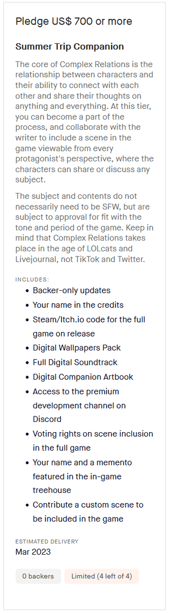 ShiroganeRyouko's tweet image. Please consider supporting @ComplexRelations by choosing one of the $500+ tiers if you like the game and can afford it.
You can get:
- "Your name and a memento in the in-game treehouse"
- "Your scene in the game" or "Your character in the game" (depends on the tier)
