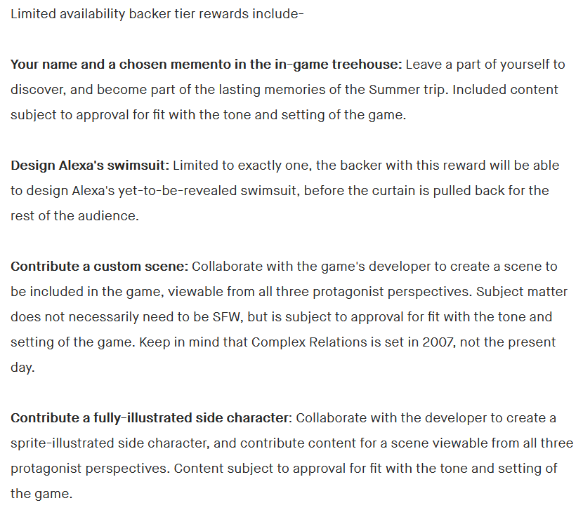 ShiroganeRyouko's tweet image. Please consider supporting @ComplexRelations by choosing one of the $500+ tiers if you like the game and can afford it.
You can get:
- "Your name and a memento in the in-game treehouse"
- "Your scene in the game" or "Your character in the game" (depends on the tier)