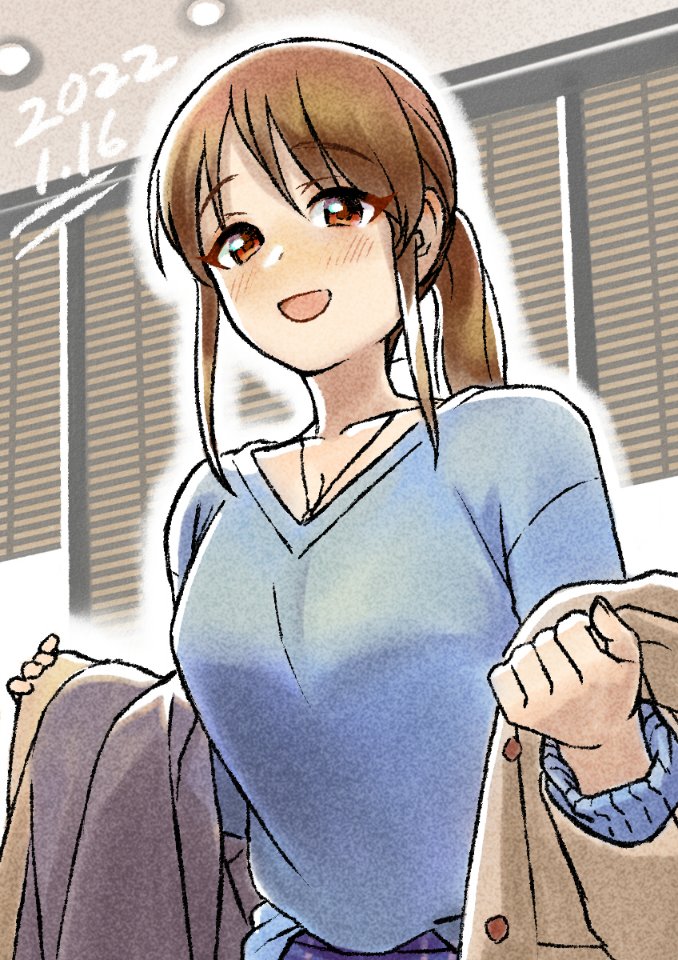 1girl solo ponytail brown hair smile looking at viewer breasts  illustration images