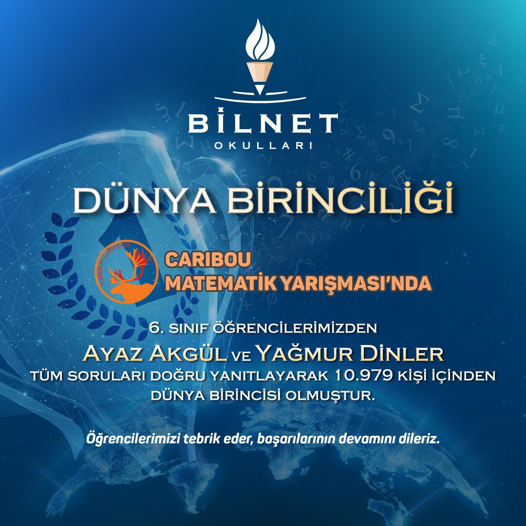 DÜNYA BİRİNCİLİĞİ 🏆🏆🏆
12 Ocak 2022’de düzenlenen “Caribou Matematik Yarışması”nda 6. sınıf öğrencilerimizden Ayaz Akgül ve Yağmur Dinler tüm soruları doğru yanıtlayarak 10.979 kişi içinden dünya birincisi olmuştur. Öğrencilerimizi tebrik eder, başarılarının devamını dileriz.