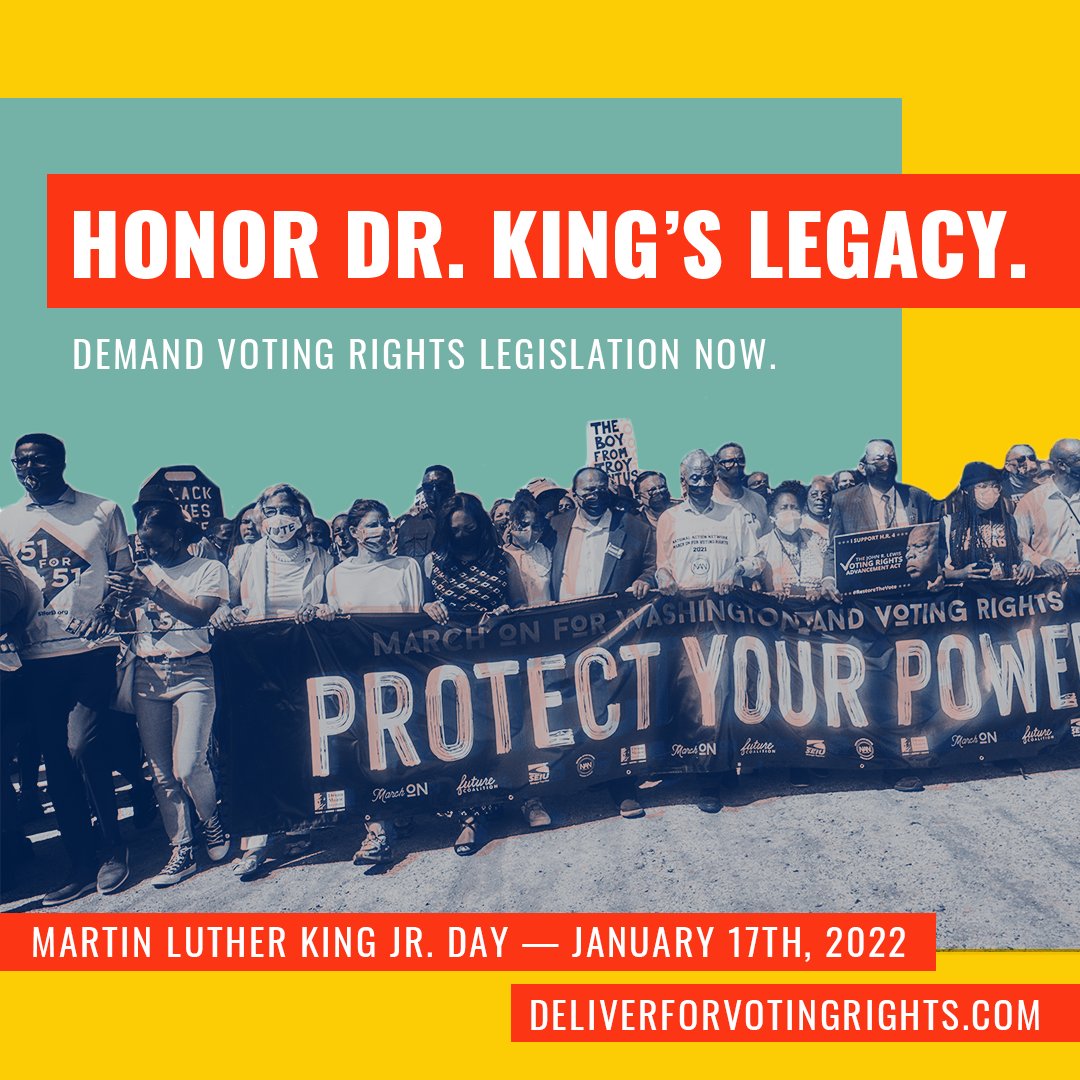 We won’t celebrate Martin Luther King, Jr. Day without demanding legislation to protect the #MLKLegacy.

We're calling on Congress to protect our freedom to vote! #wewantvotingrights

Join us  ➡️ deliverforvotingrights.com