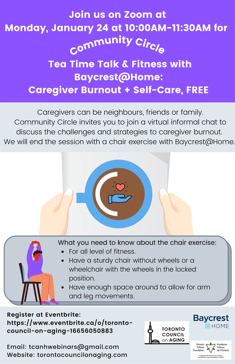 Toronto Council on Aging (@toaging) on Twitter photo All caregivers (friends, family neighbours), there's still time to register for the session, "Tea Time Talk + Fitness with Baycrest@Home: Caregiver Burnout and Self-Care" #caregiver #fitness #selfcare
Click on the link to register:
eventbrite.ca/e/tea-time-tal… <a href="/Eventbrite/">Eventbrite</a> All caregivers (friends, family neighbours), there's still time to register for the session, "Tea Time Talk + Fitness with Baycrest@Home: Caregiver Burnout and Self-Care" #caregiver #fitness #selfcare
Click on the link to register:
eventbrite.ca/e/tea-time-tal… <a href="/Eventbrite/">Eventbrite</a>