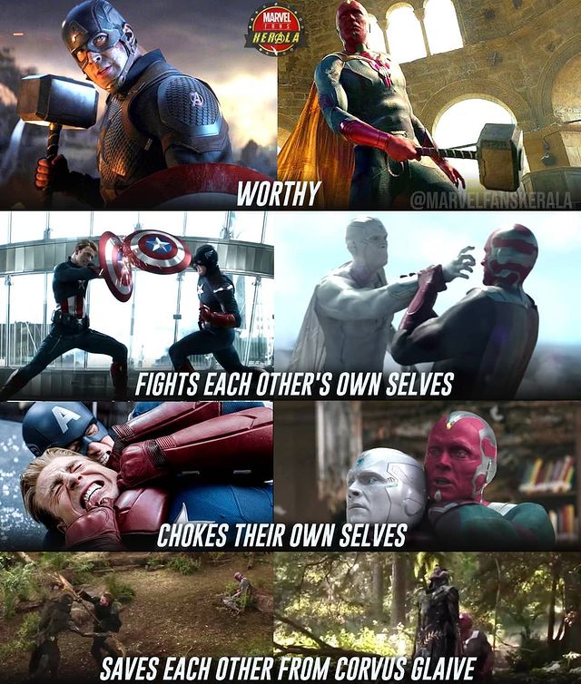 madfian's tweet photo. Worthy who fights their own selves, chokes their own selves, they saves each other from Corvus Glaive...

Credit @marvelfanskerala

#captainamerica #vision #chrisevans #paulbettany #worthy #mrmarvelanddc #marvelanddcfamily #marvel #marvelmemes #mcu https://t.co/udzoblVtgj