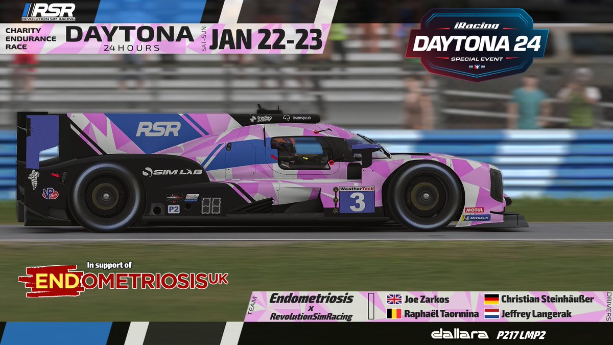 DAYTONA 24H - JAN 22 - 12:00 PM GMT

Initiated by Joe Zarkos, this weekend 7 teams will race in support of <a href="/EndometriosisUK/">Endometriosis UK</a>. Leader of the pack will be Joe's team 'Endometriosis X RevolutionSimRacing'.

DONATE NOW! bit.ly/RSRendoJZ

Live Stream
🖥 bit.ly/JoeTW