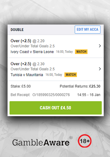 VerattiTipster's tweet photo. My acca for later today!

▫️ Ivory Coast vs Sierra Leone - Over 2.5 goals
▫️ Tunisia vs Mauritania - Over 2.5 goals

Very risky bet but doesn't hurt anyone for a little punt at it 😉

#sports #sportsbetting #BettingTips #Football https://t.co/qz4QFdfp01