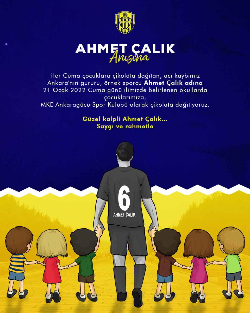 Acı kaybımız Ankara'nın gururu, örnek sporcu Ahmet Çalık adına 21 Ocak 2022 Cuma günü ilimizde belirlenen okullarda çocuklarımıza, MKE Ankaragücü Spor Kulübü olarak çikolata dağıtıyoruz.

Güzel kalpli Ahmet Çalık...
Saygı ve rahmetle

Sende var mısın? <a href="/BursasporSk/">Bursaspor</a>