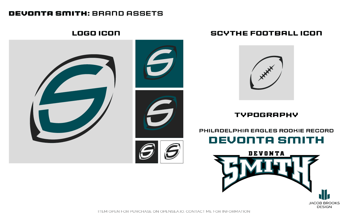 BYT_Brooks's tweet photo. Posting my @DeVontaSmith_6 logo/brand concept before the game today. This was a passion project for fun, but the #NFT logo is available on Open Sea. The logo combines a "S" + "6" + football shape + custom scythes for Slim Reaper. Enjoy and Go Birds! #Eagles #Branding #LogoDesign https://t.co/cSHiCNZt2H