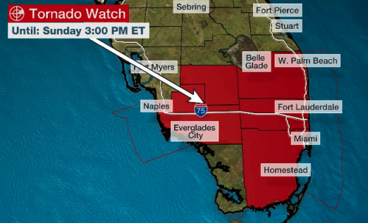 weatherchannel's tweet photo. NEW: #Tornado watch in effect for parts of South Florida until 3 p.m. ET. 

This includes the entire Miami-Ft. Lauderdale metro area. #flwx https://t.co/QOSz0iDYim