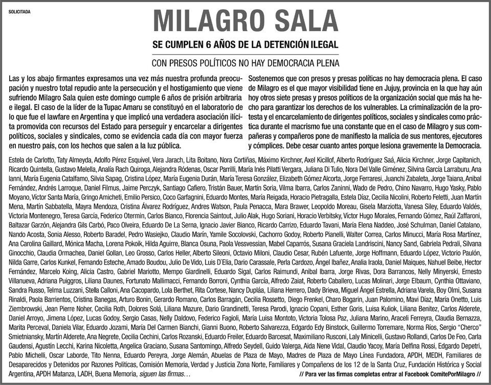 FernandezAnibal's tweet photo. A 6 años de su detención reclamamos la liberación de Milagro Sala y repudiamos la persecución política y armado de causas del macrismo. https://t.co/eJabHtNqxf