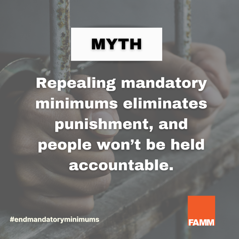 FAMMFoundation's tweet photo. There is no evidence that mandatory minimums reduce crime or increase community safety, but they do create racial disparities in sentencing. 

#EndMandatoryMinimums