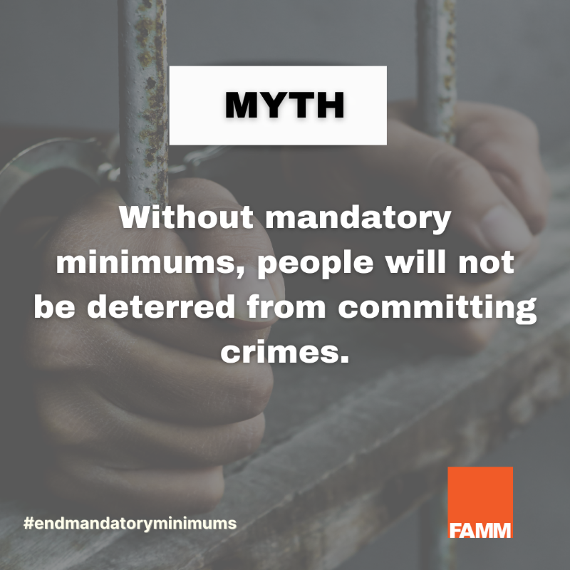 FAMMFoundation's tweet photo. There is no evidence that mandatory minimums reduce crime or increase community safety, but they do create racial disparities in sentencing. 

#EndMandatoryMinimums