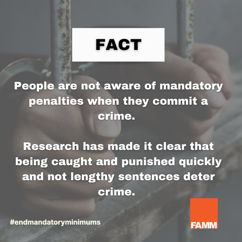 FAMMFoundation's tweet photo. There is no evidence that mandatory minimums reduce crime or increase community safety, but they do create racial disparities in sentencing. 

#EndMandatoryMinimums