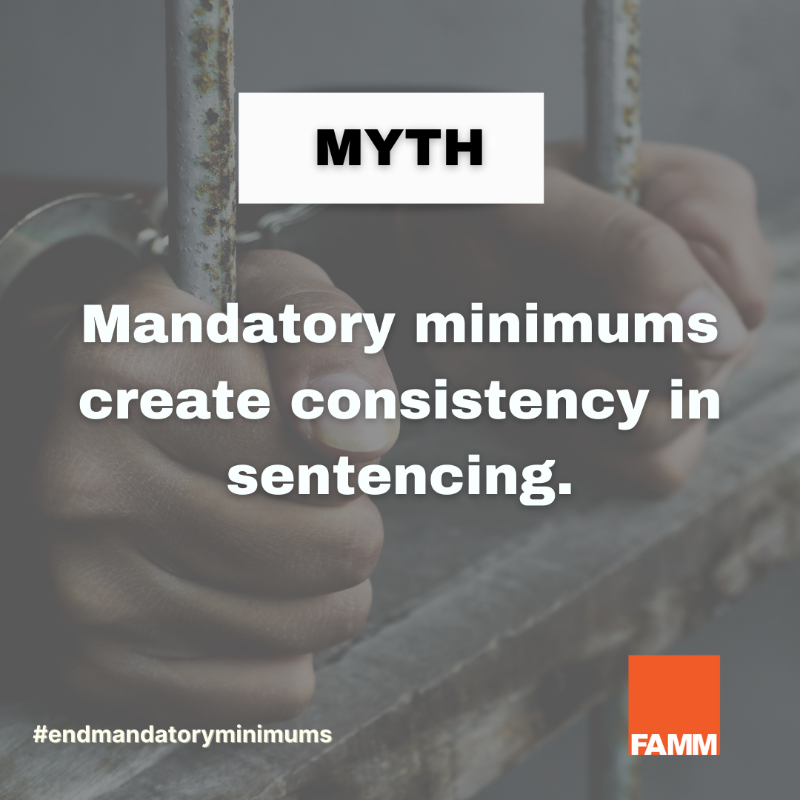FAMMFoundation's tweet photo. There is no evidence that mandatory minimums reduce crime or increase community safety, but they do create racial disparities in sentencing. 

#EndMandatoryMinimums