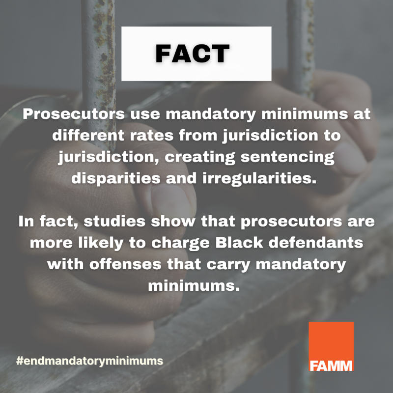 FAMMFoundation's tweet photo. There is no evidence that mandatory minimums reduce crime or increase community safety, but they do create racial disparities in sentencing. 

#EndMandatoryMinimums