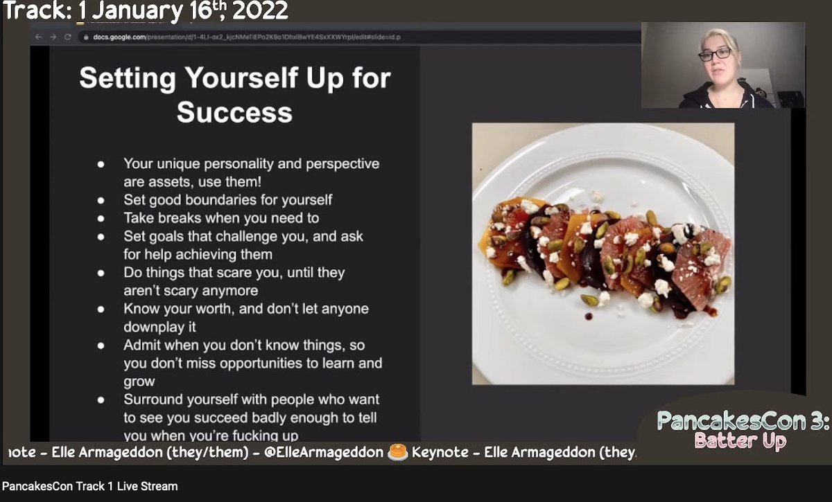 LIVE!!! Right now.  <a href="/ElleArmageddon/">not here; find me elsewhere.</a> is absolutely crushing it on their keynote at @pancakescon !  
go to PancakesCon.com for links to livestream !