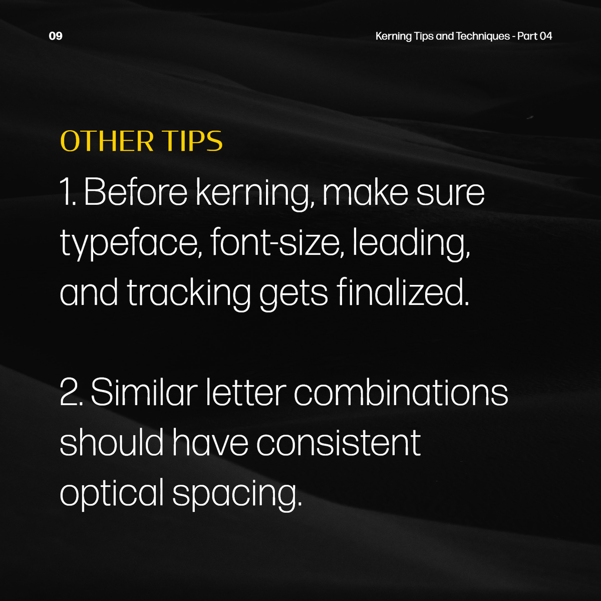 ThinSeed's tweet photo. 3. Kerning comes last: 
Before kerning, make sure typeface, font-size, leading, and tracking get finalized.

4. Spatial consistency 
Similar letter combinations should have consistent optical spacing. https://t.co/qXKUykkgrn