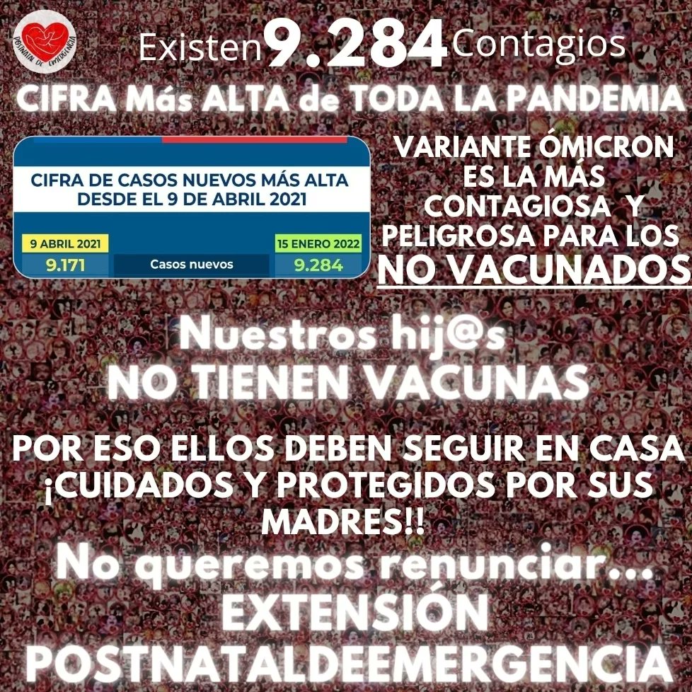 Postnataldeeme1's tweet photo. Nuestros bebés y niñ@s menores de 3 años NO TIENEN VACUNA.
Deben seguir al CUIDADO DE SUS FAMILIAS, DE SUS MADRES.
Nosotras somos mujeres madres  TRABAJADORAS  y no queremos renunciar.
EXTENSIÓN DEL #POSTNATALDEEMERGENCIA en ALERTA SANITARIA 
@gabrielboric @izkia @MinMujeryEG https://t.co/dM8ZMTvLpJ