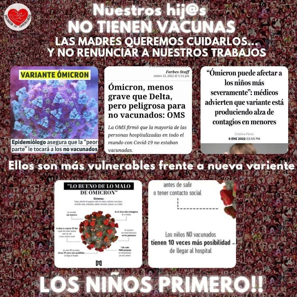 Postnataldeeme1's tweet photo. Nuestros bebés y niñ@s menores de 3 años NO TIENEN VACUNA.
Deben seguir al CUIDADO DE SUS FAMILIAS, DE SUS MADRES.
Nosotras somos mujeres madres  TRABAJADORAS  y no queremos renunciar.
EXTENSIÓN DEL #POSTNATALDEEMERGENCIA en ALERTA SANITARIA 
@gabrielboric @izkia @MinMujeryEG https://t.co/dM8ZMTvLpJ