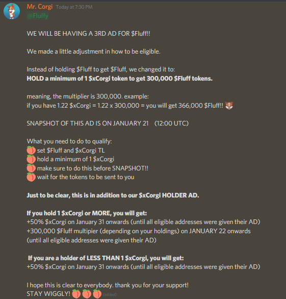 XRP_Corgi's tweet photo. #fluffys!! 📢📢📢

Do you want more $xCorgi?
More $Fluff?

Buy and hold $xCorgi and get: 
$xCorgi (AD is on Jan 31) and 
$Fluff (AD is on Jan 22)

see photo for details :)

by the way, thank you @JTXRP_AGWJames for the awesome interview. 🥰

stay wiggly!! 🍑🍑🍑 https://t.co/BGupeygIj7