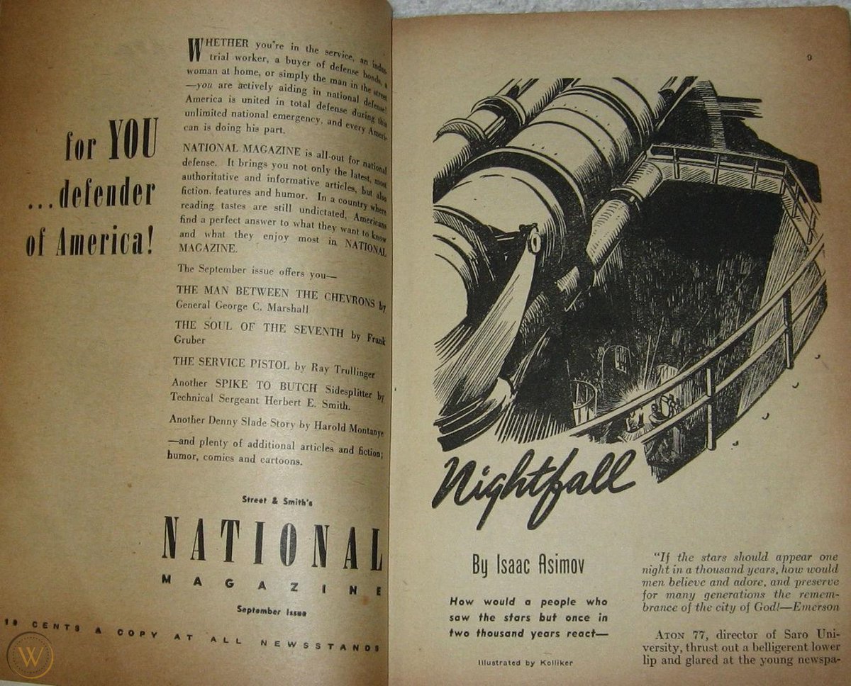 LibrosVintage's tweet photo. 'Nightfall', el relato original del Buen Doctor, se publicó en el número de septiembre de 1941 de la revista 'Astounding Science Fiction'.
Fue el cuento más largo de Asimov publicado hasta entonces y el primero en alcanzar la portada de #Astounding
https://t.co/bUC0qvZ0L2 https://t.co/ryPwdG2Mt2