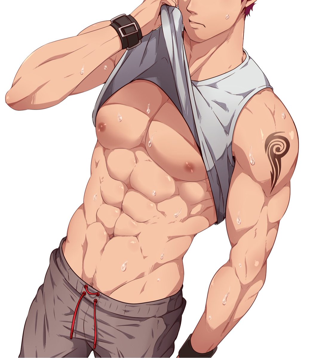 "Yo, what's up?" 

The surfer had been changing but was caught by surprise.

"Oh this? It helps having a strong body when you're a surfer. You can give me a feel if you want!"