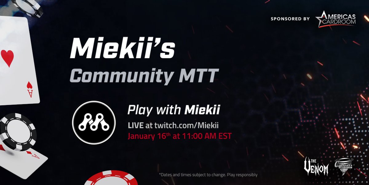 Hey everyone! In less than an hour we'll be starting our $0 entry, $100 freeroll community tournament with <a href="/ACR_POKER/">ACR Poker</a> ! twitch.tv/miekii #ad