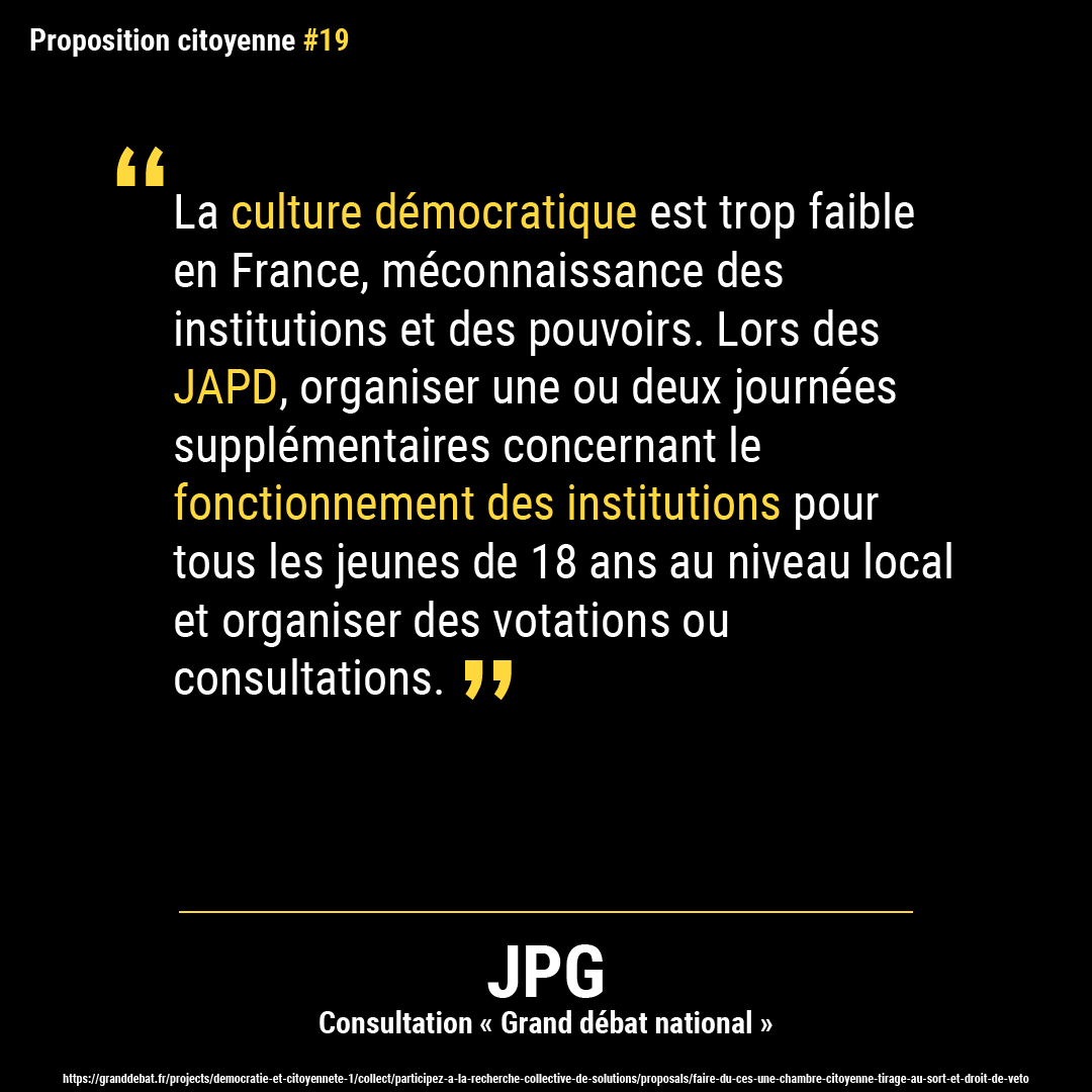 PropCitoyennes's tweet photo. Proposition citoyenne de JPG issue de la consultation « Grand débat national ».
#démocratie #JAPD #institutions https://t.co/nrK6KMNb0B