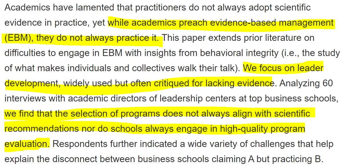 Rob_Briner's tweet photo. Do academics adopt an evidence-based practice approach to their own practice in research or teaching? 
Not so much.

Here's a nice example examining how #businessschool  teach #LeadershipDevelopment.

https://t.co/QC4cXmCwAU

#openaccess https://t.co/6c8zpl5N00