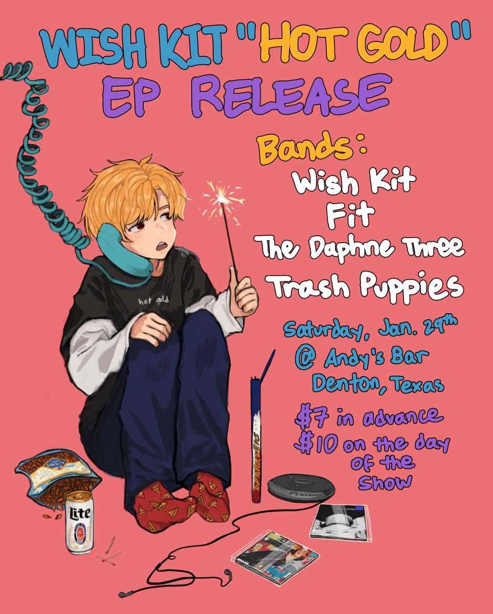 To celebrate the release of 'Hot Gold' we will be playing a very special half-capacity show at Andy's on January 29th. Come vax'd and masked and have a fun time with us. Flyer by the very talented <a href="/syureal_/">ontan 💿</a>. Buy your tickets now. prekindle.com/event/75164-wi…