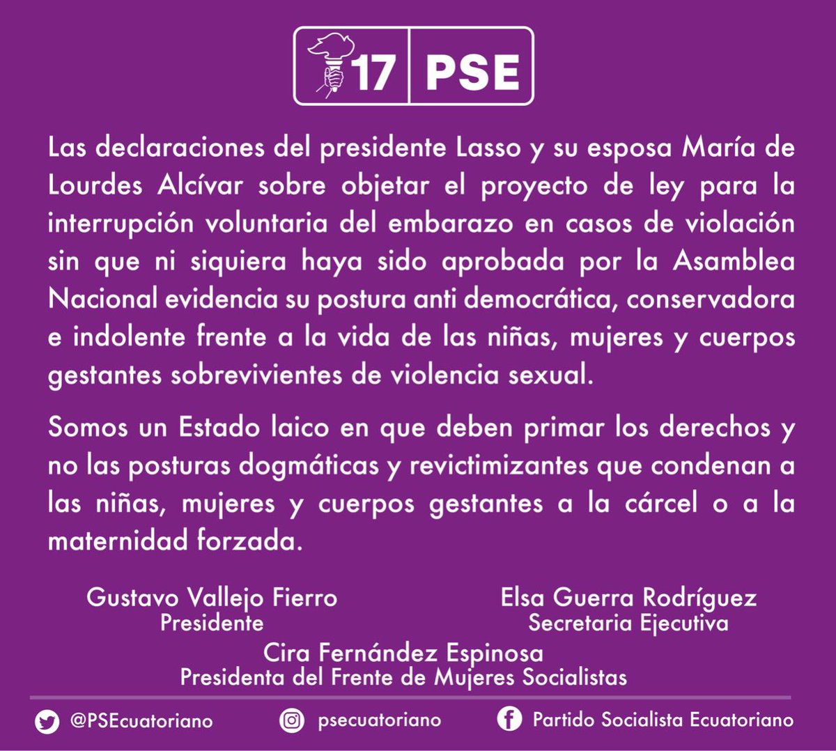 PSEcuatoriano's tweet photo. Rechazamos las declaraciones de @LassoGuillermo y su esposa #MLAlcivar sobre #AbortoPorViolación

Exigimos y lucharemos por una #LeyJustaYReparadora https://t.co/arLwKiEQYj