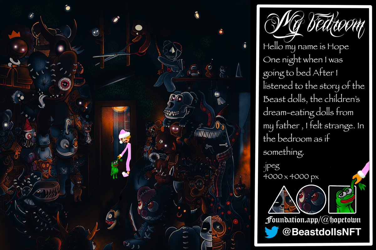 BeastdollsNFT's tweet photo. My Bedroom 
Hello my name is Hope. One night when I was going to bed After I listened to the story of the Beast dolls, the children’s dream-eating dolls from my father , I felt strange. In the bedroom as if something.

 On @withFND 

https://t.co/FZFFiPP0E1

#Foundation #NFTs https://t.co/4gm9tGtArA