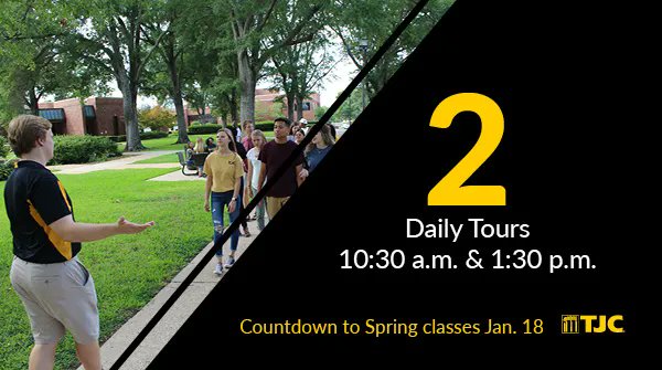We are counting down the days until spring classes start on Jan.18!

With only two days until the start of classes, we wanted to remind you that TJC has 2 daily student-led campus tours that showcase our beautiful campus. Questions? Text us at 903-206-2250!