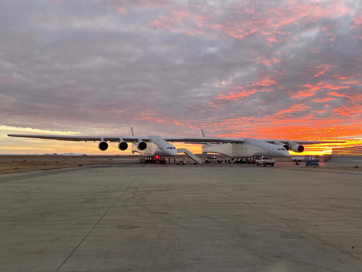 Stratolaunch's tweet photo. We are attempting our third test flight of the Roc carrier aircraft today. The team is performing their pre-flight checks followed by takeoff at approximately 8 a.m. PST. Follow us for flight updates and tune in to the @NASASpaceflight YouTube live feed https://t.co/pCQrcoFyZ6 https://t.co/0k88u868U0