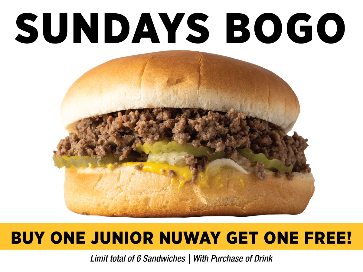 NuwayB's tweet photo. Sunday Funday means BOGO at NuWay! Buy one Junior NuWay and get one FREE with the purchase of a regular drink! Limit total of 6 Sandwiches. https://t.co/fBjXxeDPYJ