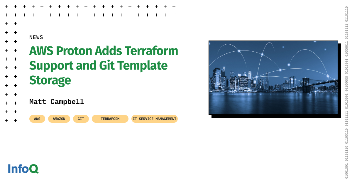 #AWSProton has new 2 features: the 1st one allows for defining and provisioning infrastructure via #Terraform; the 2nd one allows for using #Git repositories to manage the Proton templates. Find out more: bit.ly/34PUBXw @BeardedCoder #InfoQ #AWS #AutomatedDeplyment