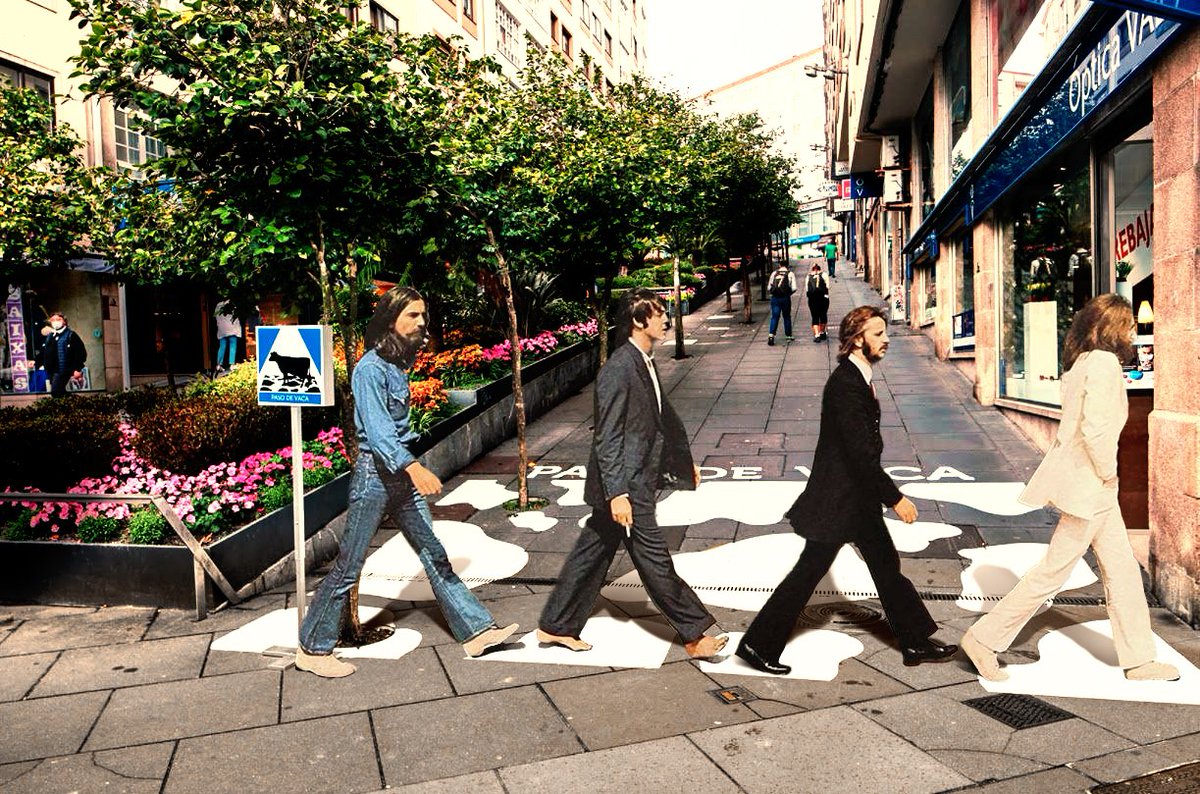 xanceda's tweet photo. Si el disco Abbey Road se grabase hoy en día, los Beatles saldrían cruzando un Paso de Vaca 🐄🕺 #DiaInternacionaldeTheBeatles #PasoDeVaca #SantiagoDeCompostela https://t.co/kbqEdhzGS4
