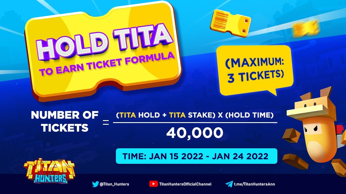 Titan_Hunters's tweet photo. 🔐 HOLD $TITA TO EARN TICKET FORMULA 💯

 Tickets = (TITA hold + TITA stake) x (Hold Time) / 40,000 

⚠️Note:
-  Snapshot is performed once per day from Jan 15 - 24
-  You use 1 Ticket to purchase 1 any #TitanHunters' statue #NFTs at any time in 3 days on sale

Good luck !!!🍀 https://t.co/KSehy29lXl